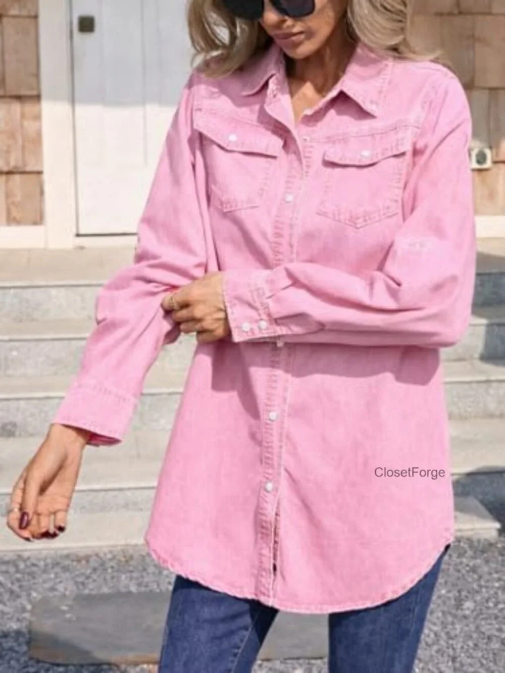 Womens Button Down Denim Shirt Long Sleeve Roll Up Boyfriend Jean Jacket Shacket